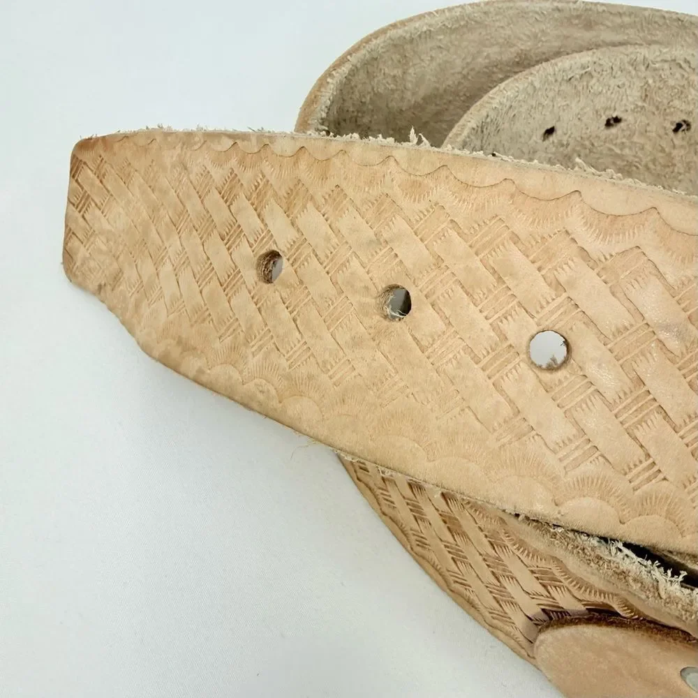 Heritage Leather Co. Light Brown Tooled Weave Raw Leather Unisex Belt